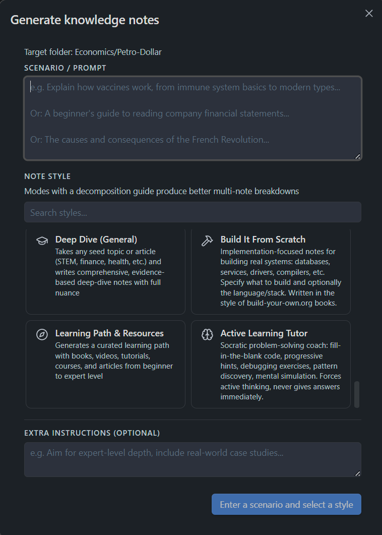 Generate knowledge notes modal with a scenario prompt and note style picker
