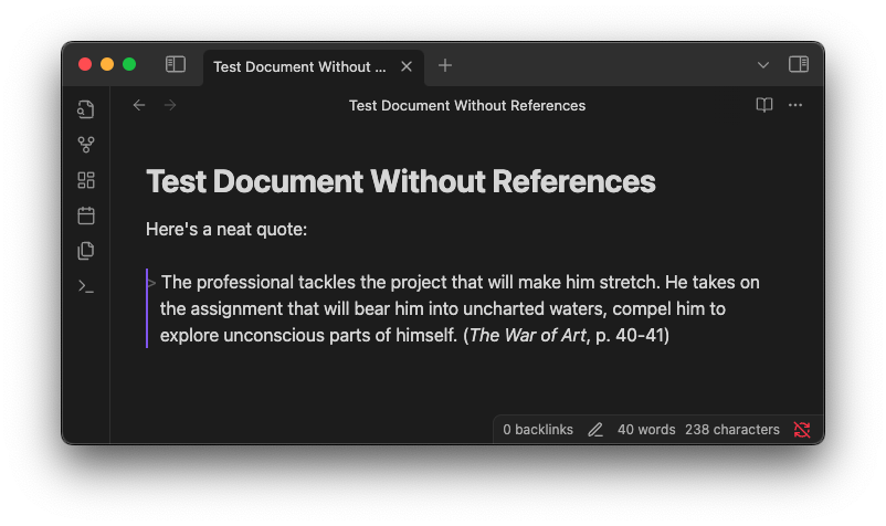 A sample document after pasting, which includes the quote and a citation in the format (The War of Art, p. 40-41)