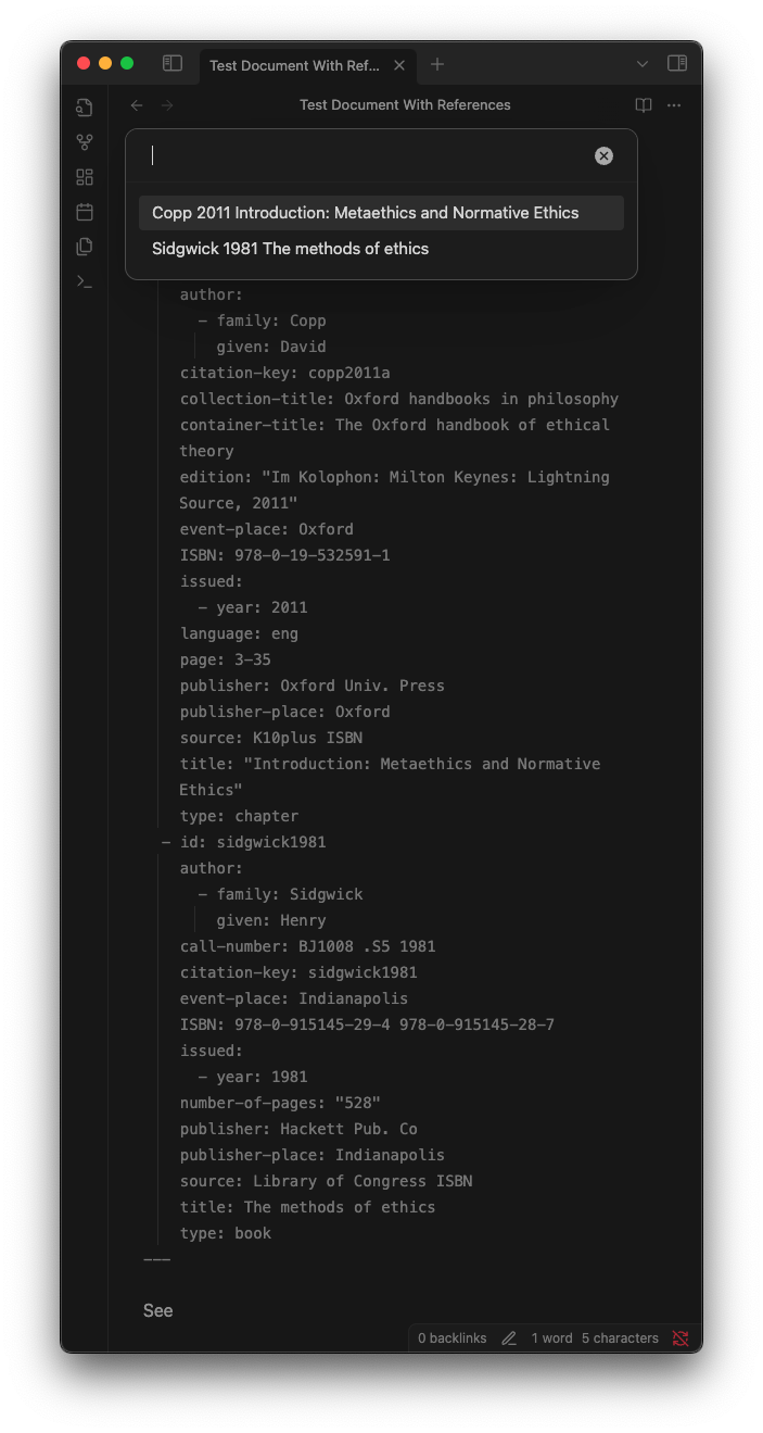 The fuzzy finder for the Cite Reference command, showing the two references that appear in the document's front matter