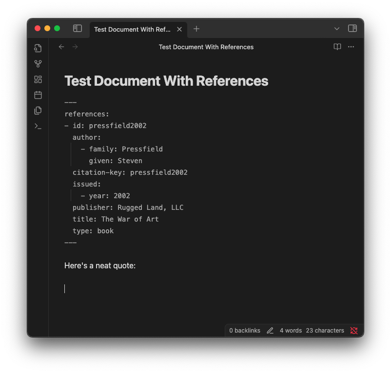 A sample document containing a references section with a reference with id "pressfield2002"