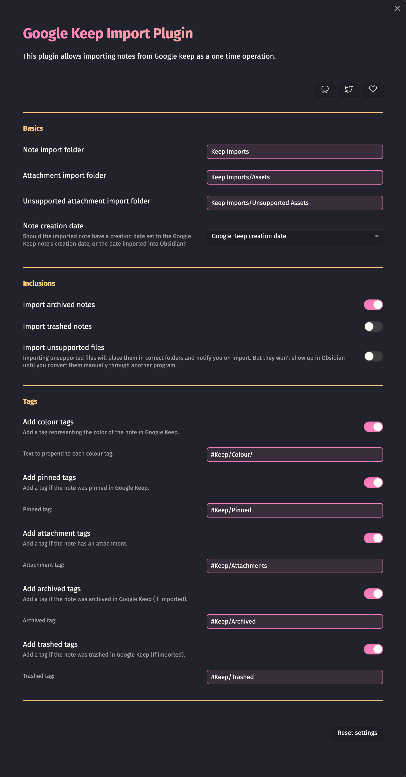 A screenshot of the plugin's settings. See below for a description.